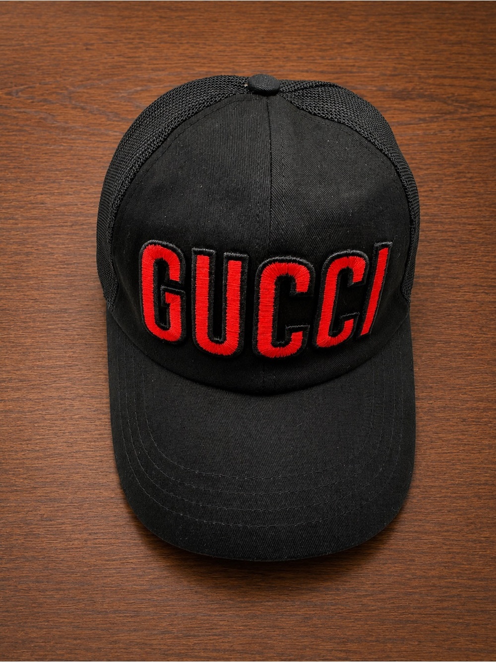 Gucci Embroidered Logo Baseball Trucker Hat Black Size M